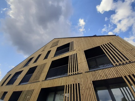 Detail obložení fasády apartmánového komplexu z hoblovaných borovicových prken ošetřených Profi impregnací (vakuově-tlaková impregnace) Detail obložení fasády apartmánového komplexu z hoblovaných borovicových prken ošetřených Profi impregnací (vakuově-tlaková impregnace)