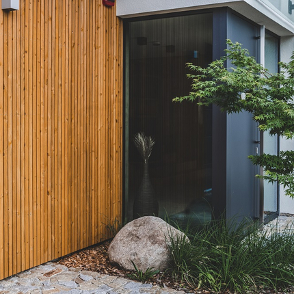 Obložení fasády obkladovými hranoly KI v okrové barvě. Technologie Královské impregnace účinně chrání dřevo v exteriéru. Obložení fasády obkladovými hranoly KI v okrové barvě. Technologie Královské impregnace účinně chrání dřevo v exteriéru.